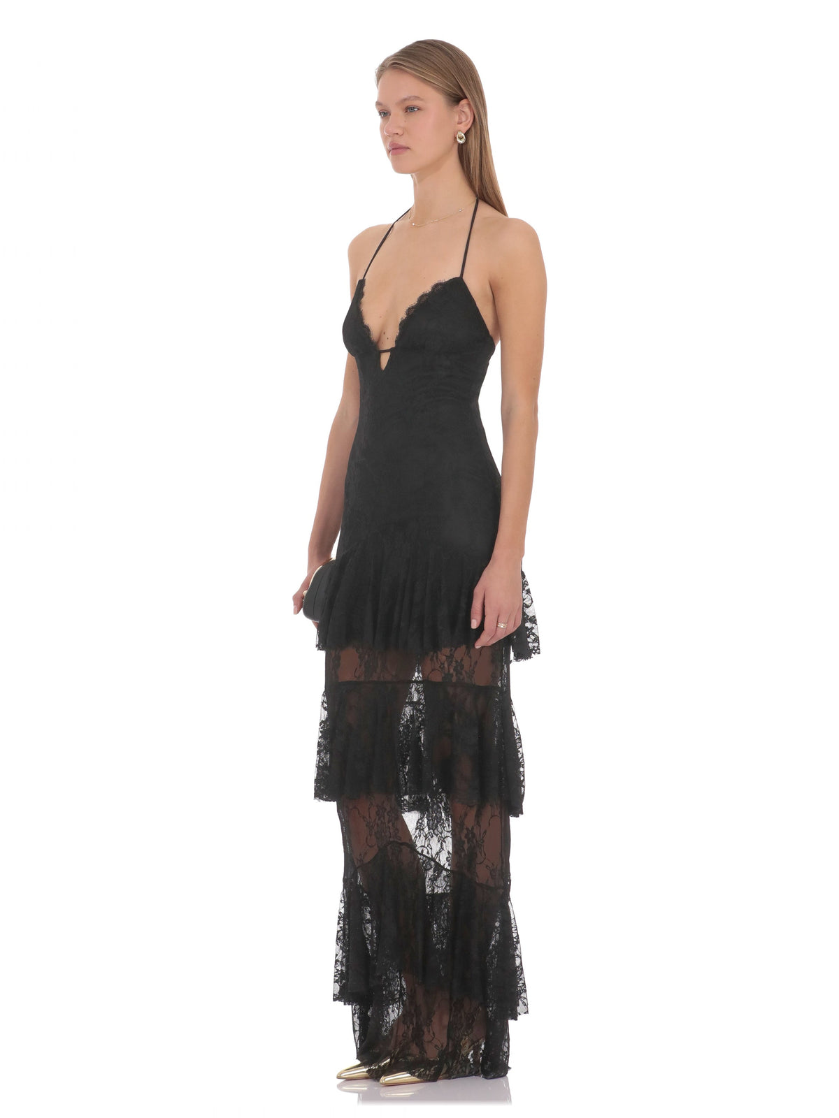 Black bridesmaid dress with a-line silhouette and maxi length
