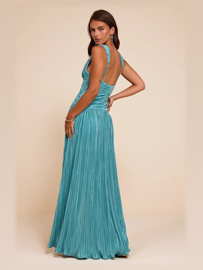 Turquoise formal dress with a-line silhouette and maxi length