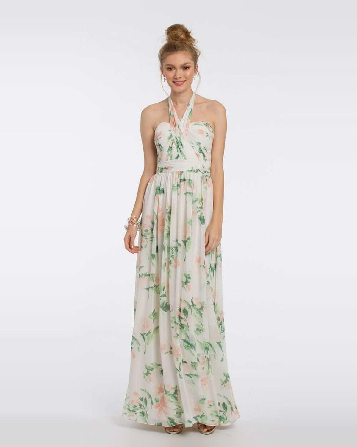 Ivory halter A-line prom dress with green floral print, floor-length chiffon skirt