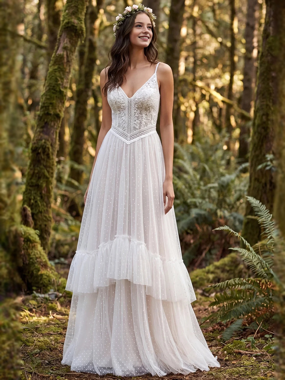 Ivory tulle wedding dress with lace V-neck bodice and tiered ruffled A-line skirt