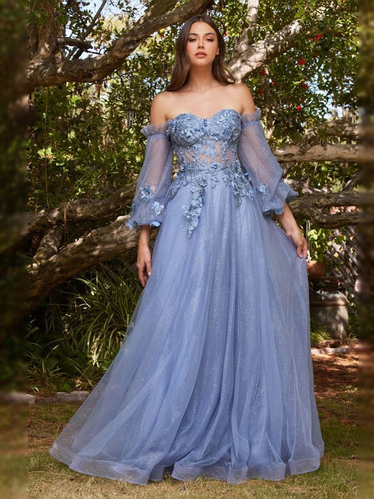 Slate blue off-shoulder tulle A-line prom dress with floral applique bodice