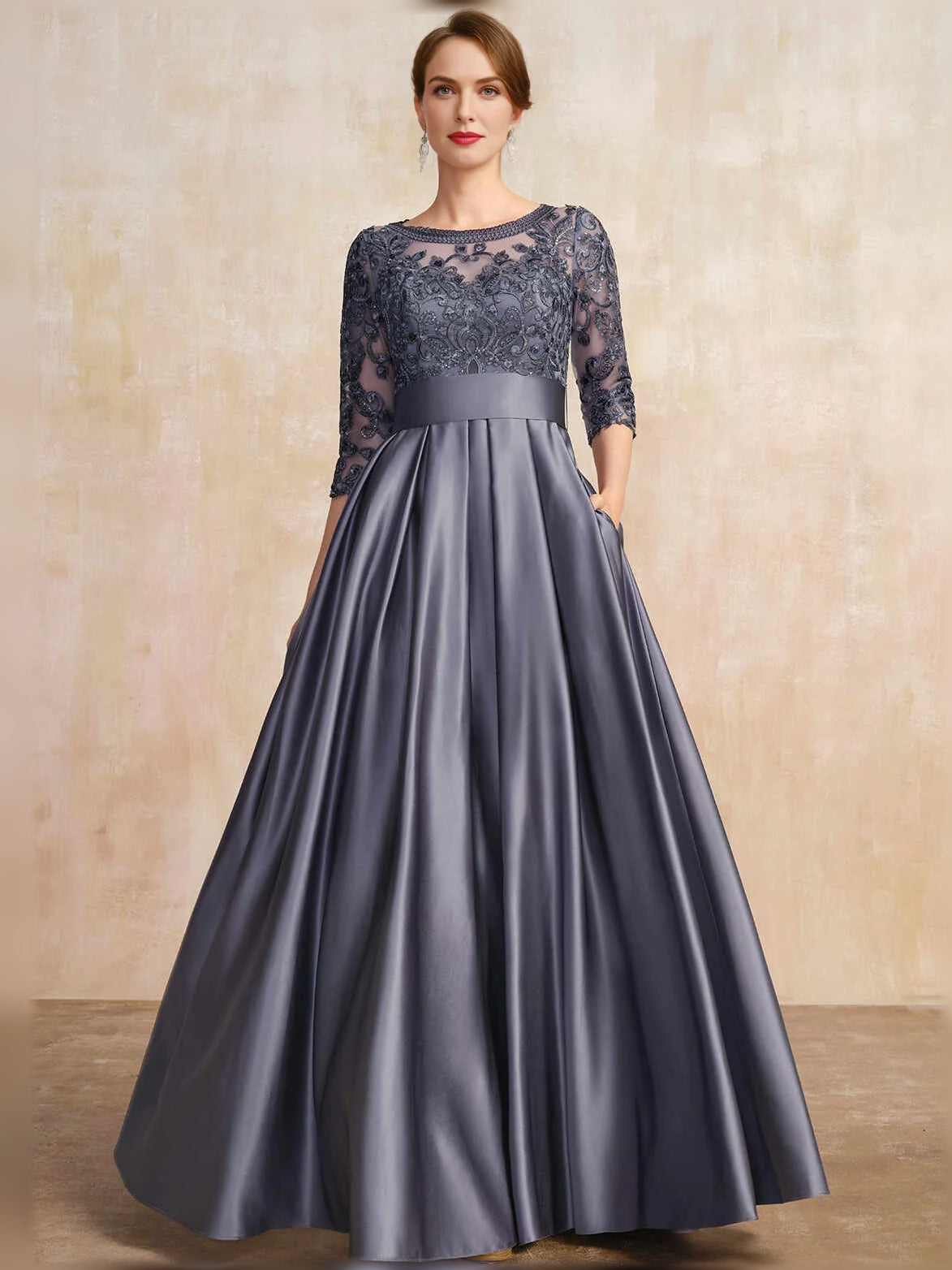 Dark blue satin A-line dress with lace 3/4 sleeves, scoop neck, pleated skirt