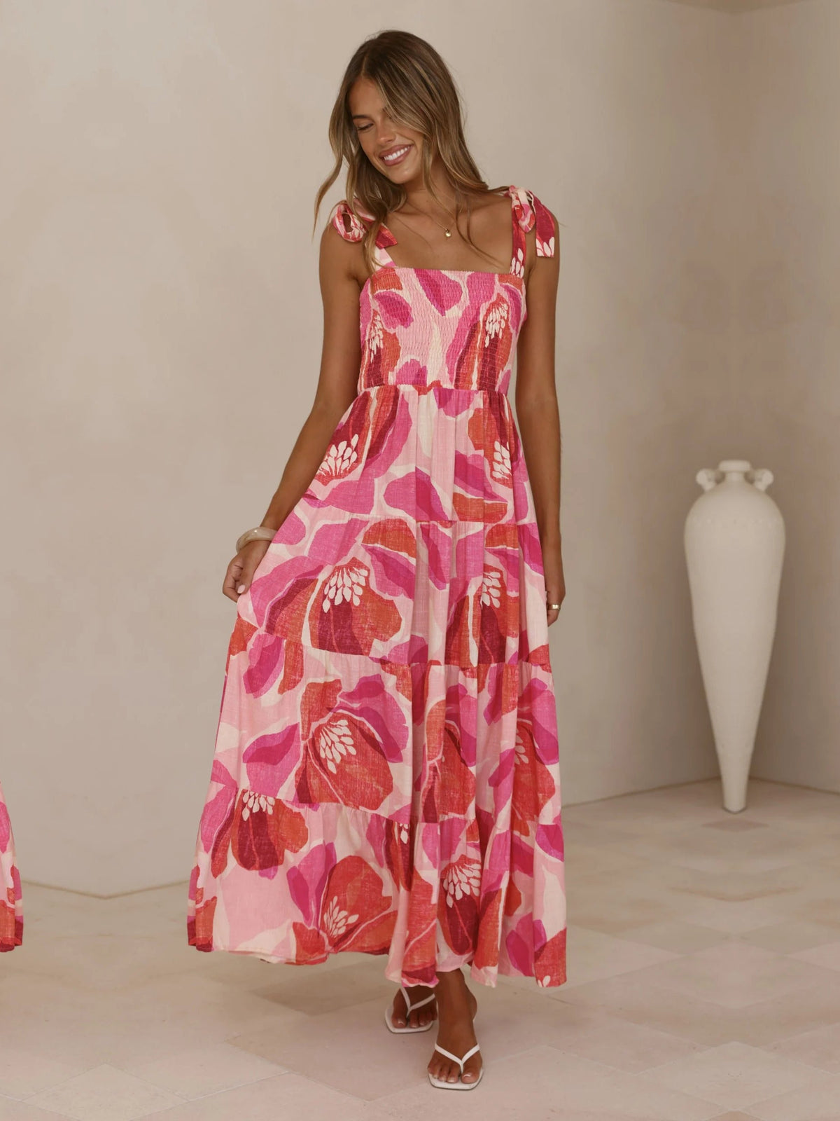 Pink a-line maxi formal dress with square neckline, full-length front view