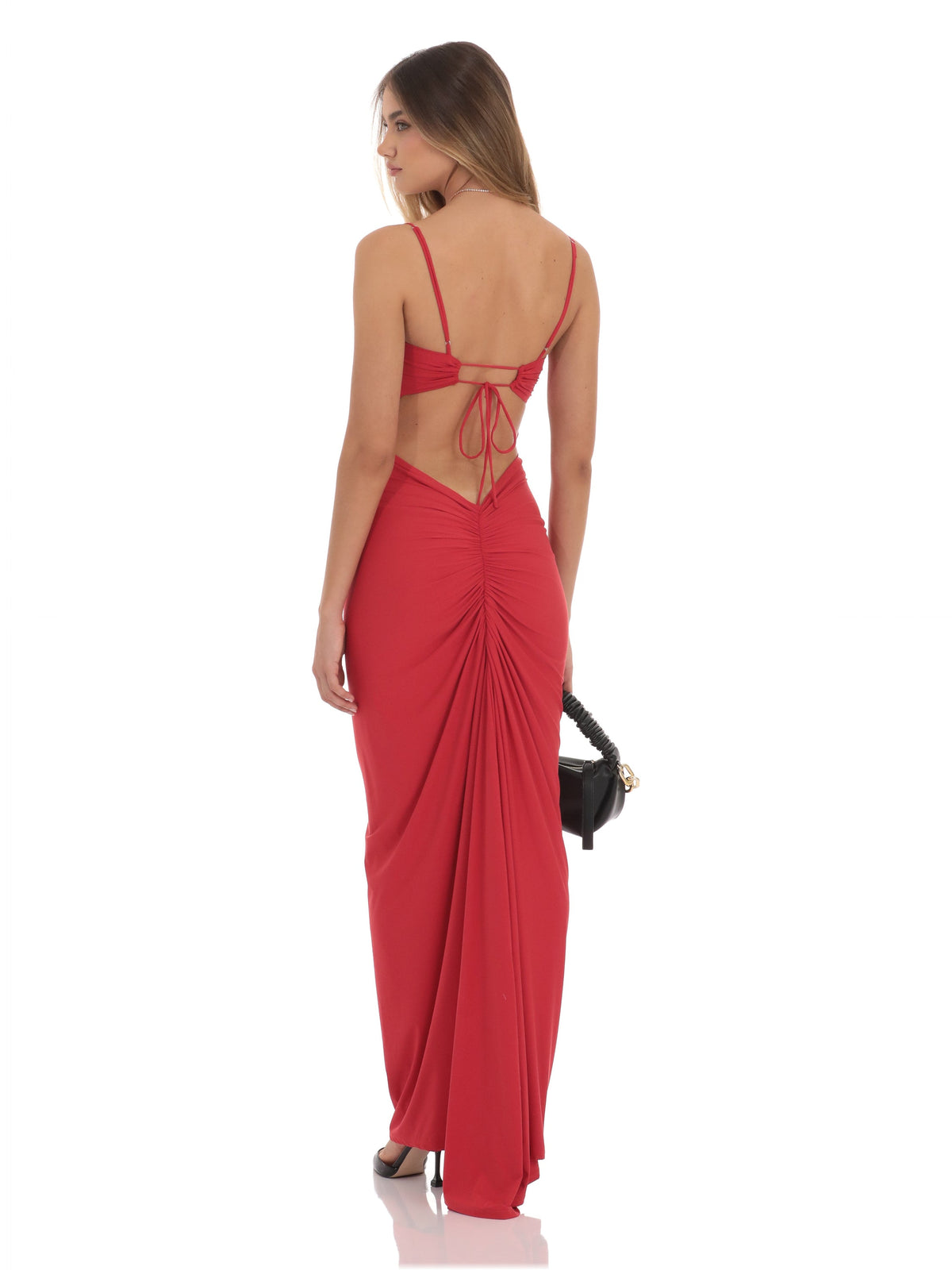 Red bridesmaid dress with a-line silhouette and maxi length