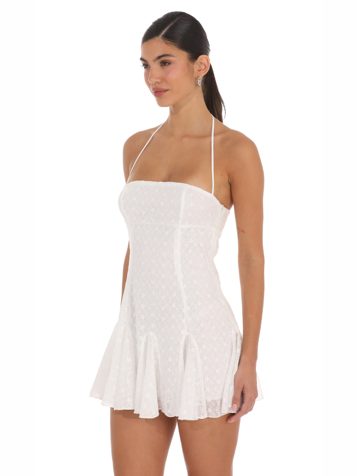 White homecoming dress with flared silhouette and mini length
