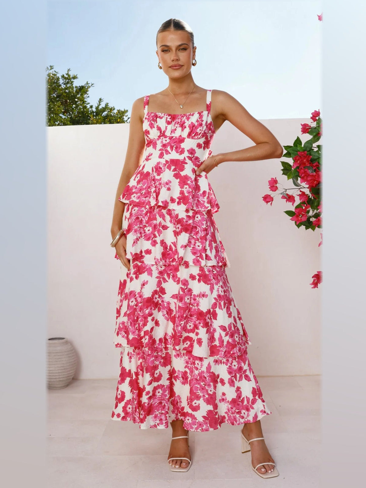 Pink White Floral maxi formal dress, front full-length view showing the neckline