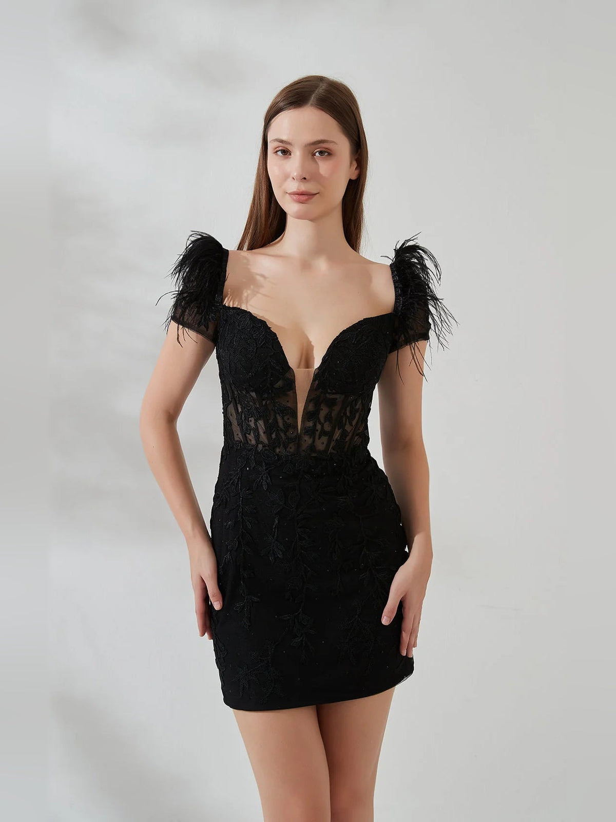 Black corset V-neck mini dress with feather off-shoulder sleeves