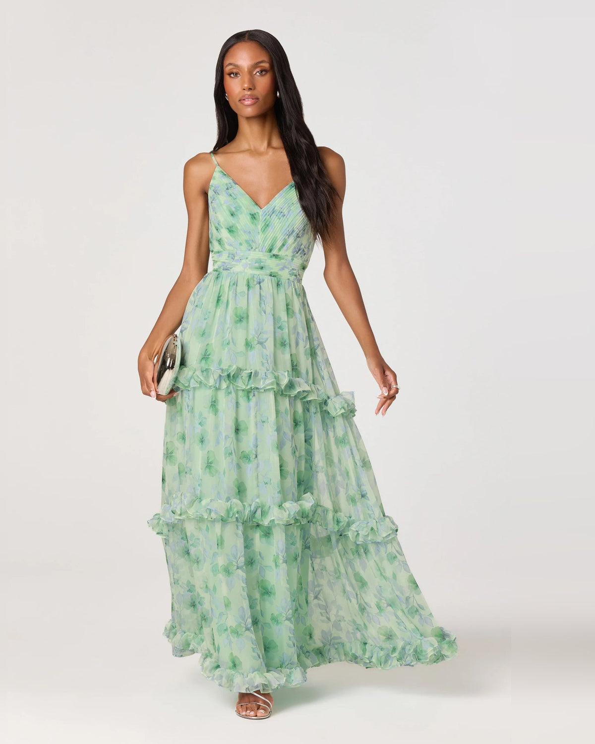 Green floral tiered maxi dress with spaghetti straps, V-neck bodice, A-line skirt