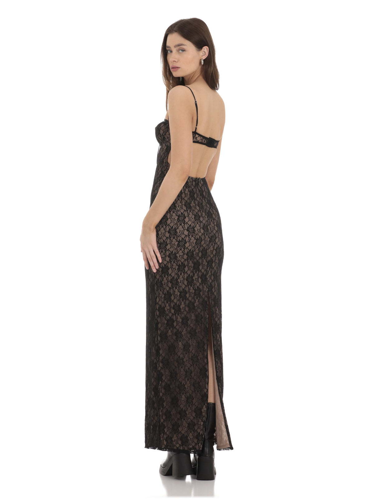 Black bridesmaid dress with bodycon silhouette and maxi length