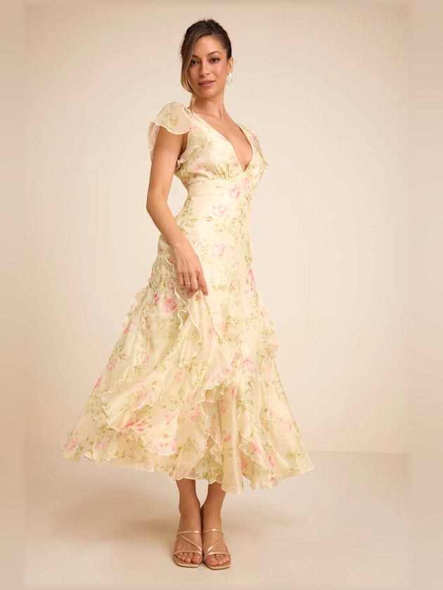 Light green floral ruffled midi dress with V-neck and cap sleeves