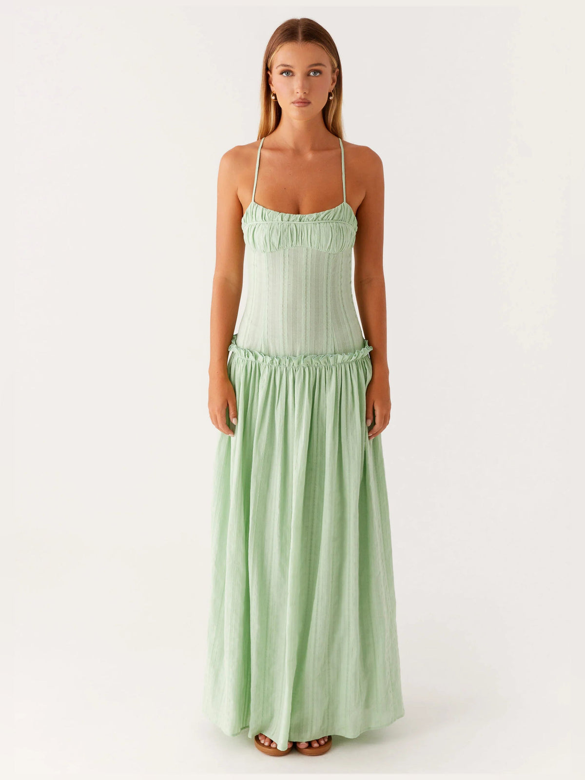 Sage a-line maxi formal dress with square neckline, full-length front view