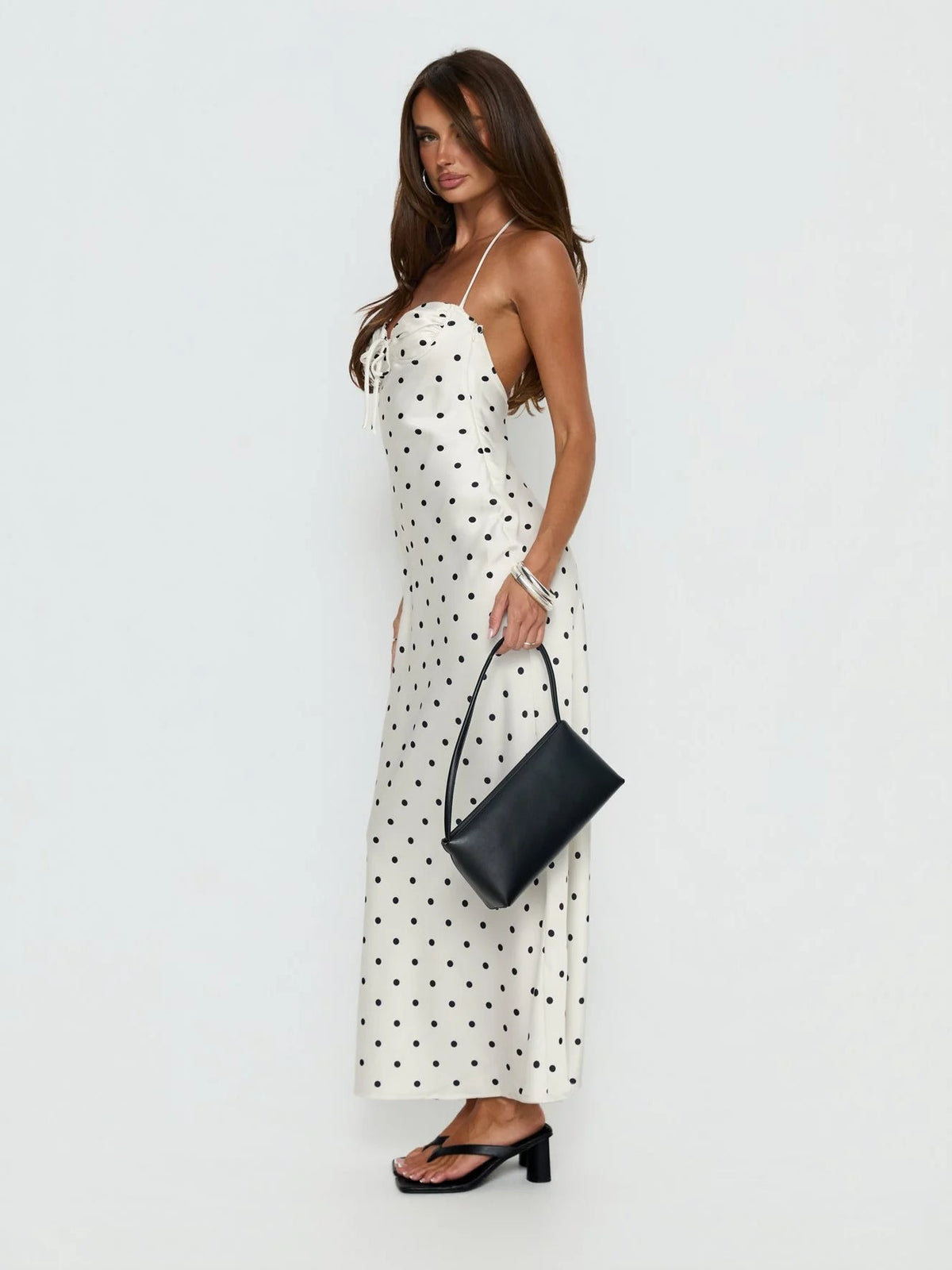 Cream Polka Dot formal dress with a-line silhouette and maxi length