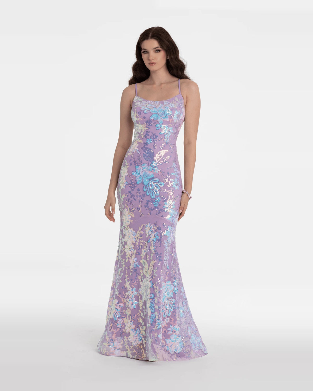 Purple sequin mermaid maxi prom dress with thin spaghetti straps, floral sparkle print