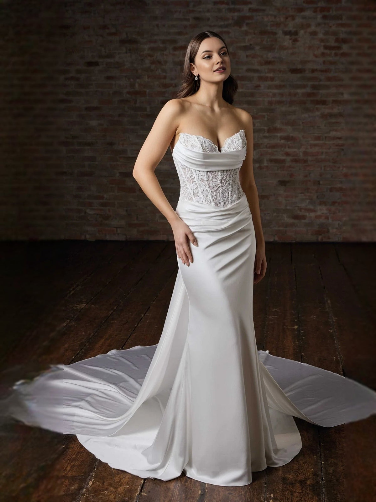 White satin mermaid wedding dress with sweetheart neckline, lace bodice, draped skirt