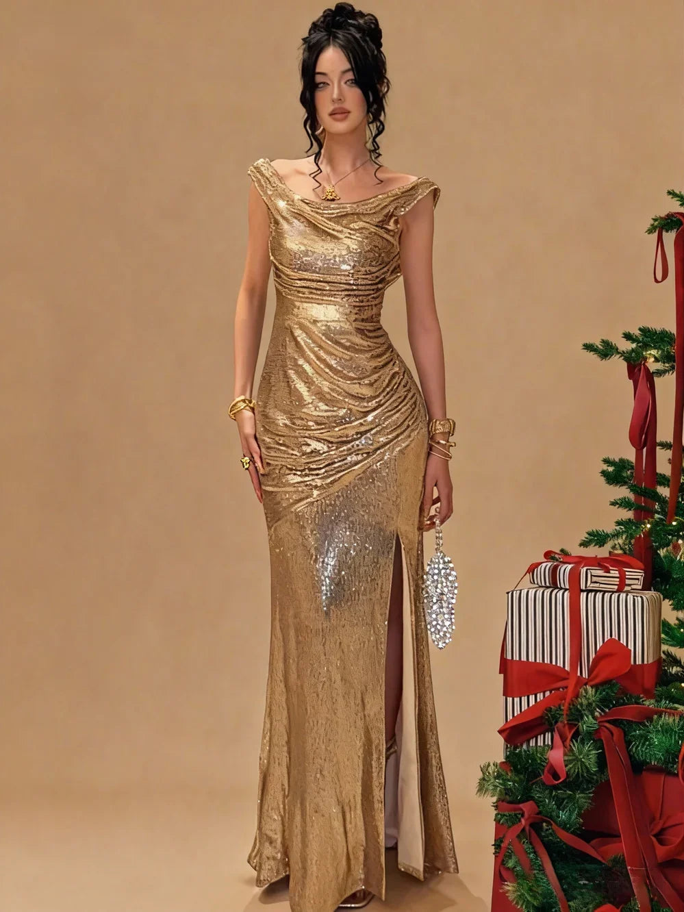 Gold sequin off-shoulder mermaid formal dress with draped ruching, floor length