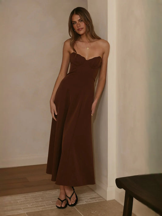 Chocolate strapless midi formal dress with sweetheart neckline and fitted bodice