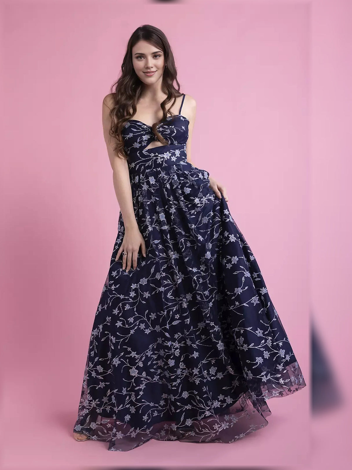 Navy floral print sweetheart formal dress with fitted bodice and full skirt