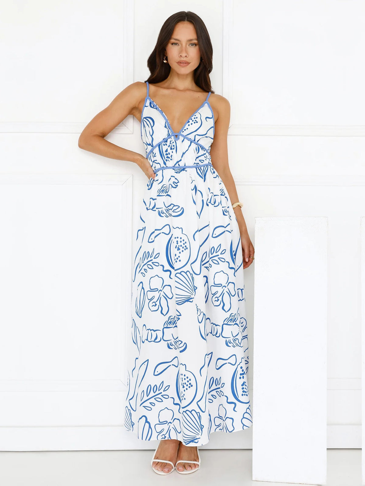 White a-line maxi formal dress with V-neckline, full-length front view