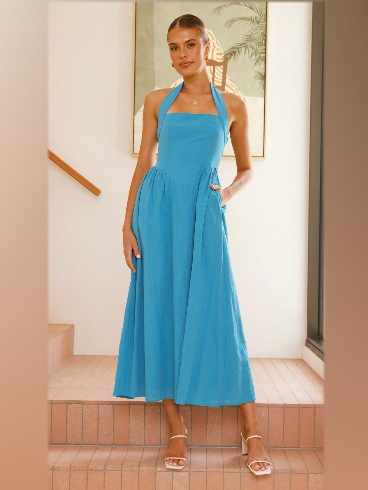 Blue midi formal dress, front full-length view showing the neckline