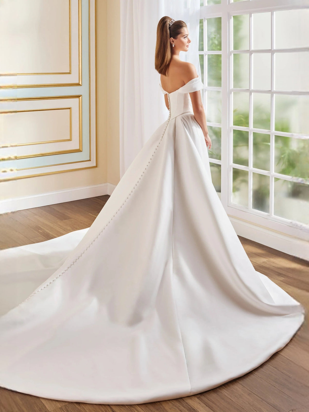 Ivory satin off-shoulder A-line wedding dress with ruched bodice and draped skirt