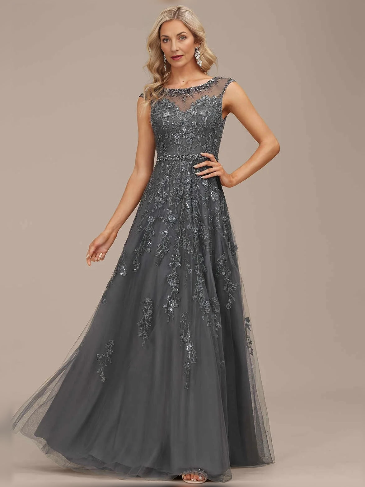 Steel grey sleeveless A-line maxi dress with illusion neckline and floral beading