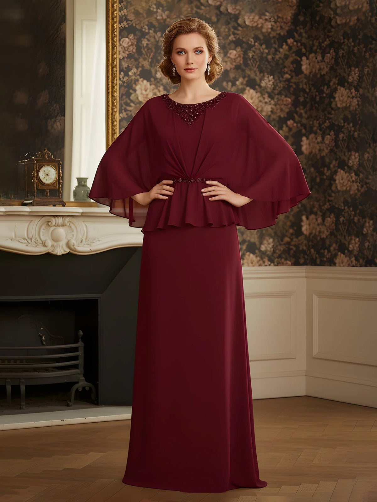 Burgundy mother-of-the-bride maxi dress with beaded round neckline and chiffon cape sleeves