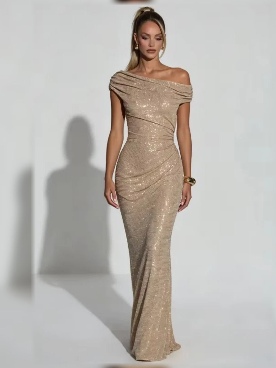 Champagne one-shoulder mermaid formal dress with ruching, floor-length sequins