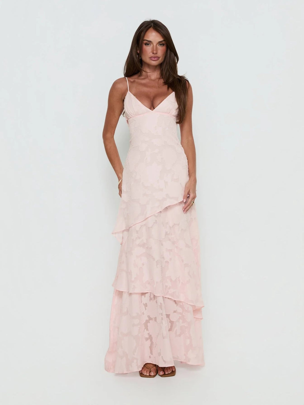 Pink a-line maxi formal dress with sweetheart neckline, full-length front view