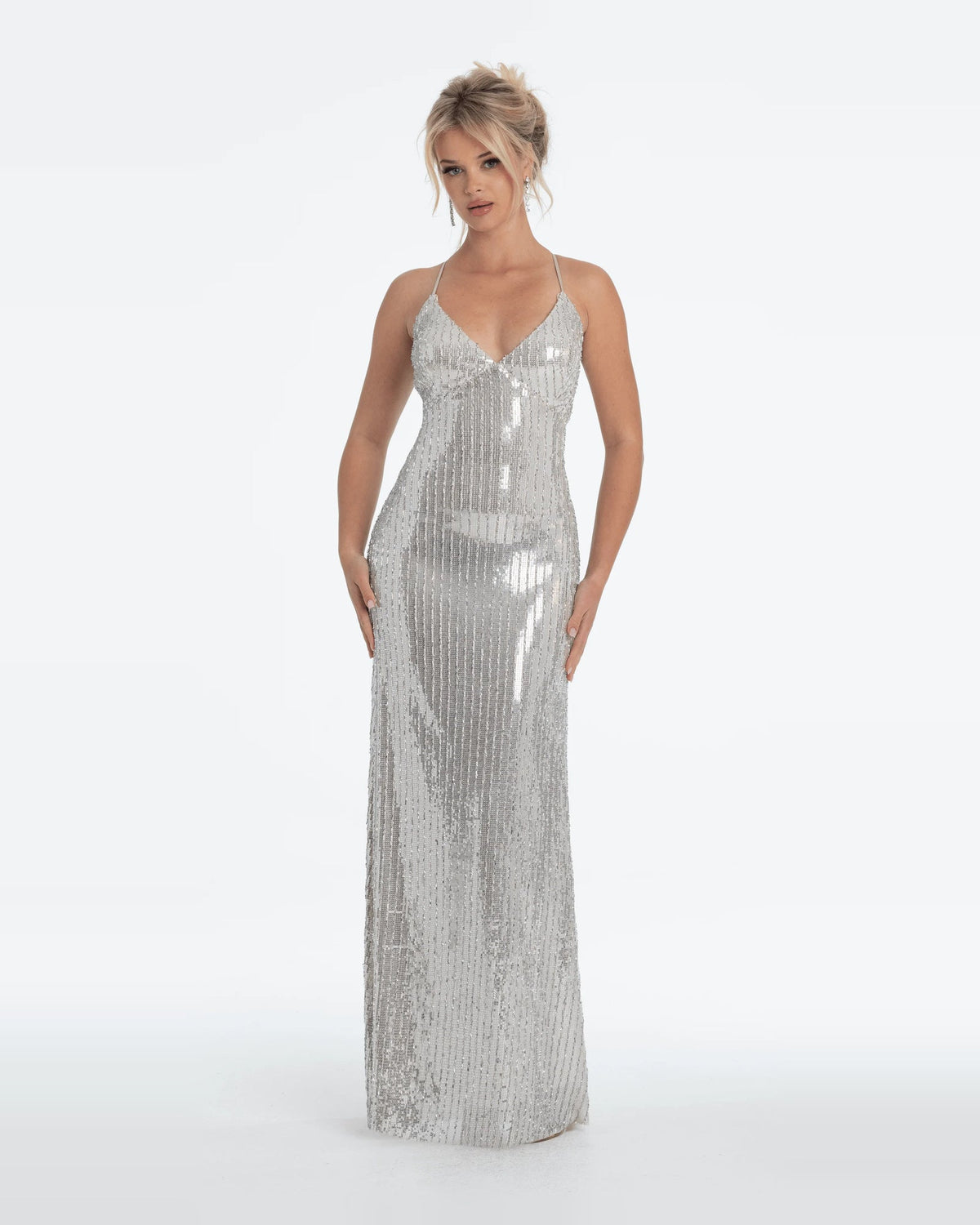 Silver sequin V-neck column maxi prom dress with thin straps
