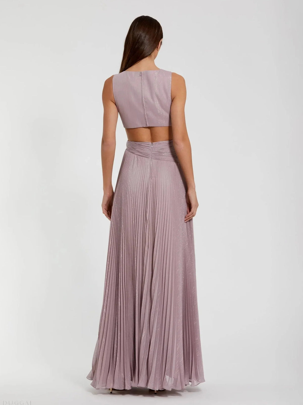 Mauve pleated maxi prom dress with sleeveless V-neck and open back detail