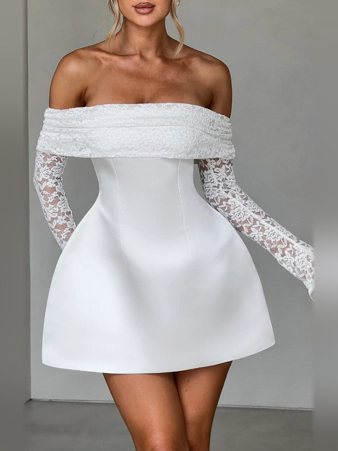 Ivory off-shoulder mini dress with lace long sleeves and structured flared skirt