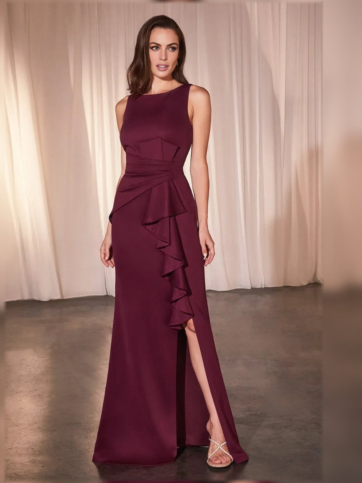 Cabernet floor-length ruffled mermaid formal dress with tiered skirt ruffles and slit