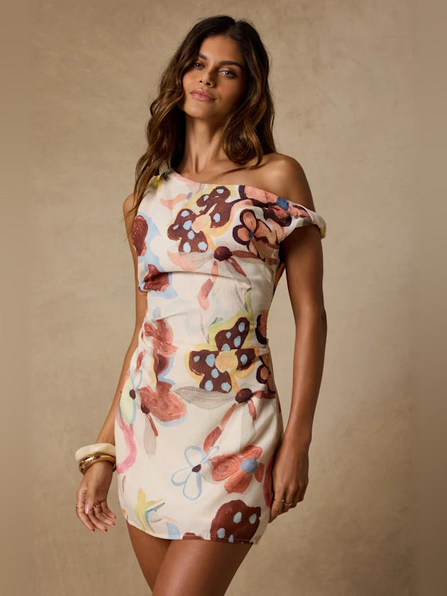 Asymmetrical mini homecoming dress with off-shoulder neckline, floral print