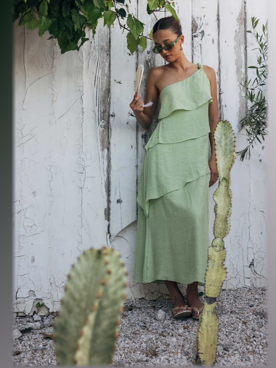 Sage formal dress with a-line silhouette and maxi length