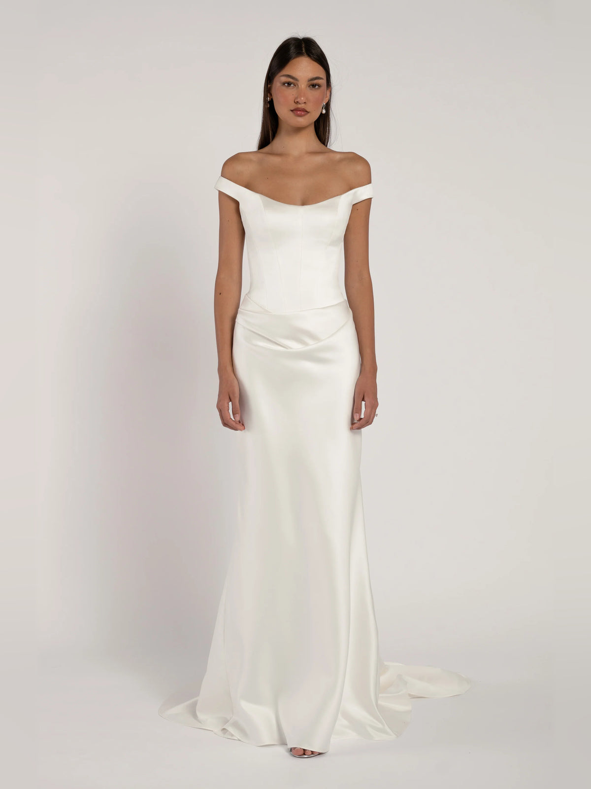 Ivory off-shoulder draped A-line formal gown, floor-length satin with cowl neckline