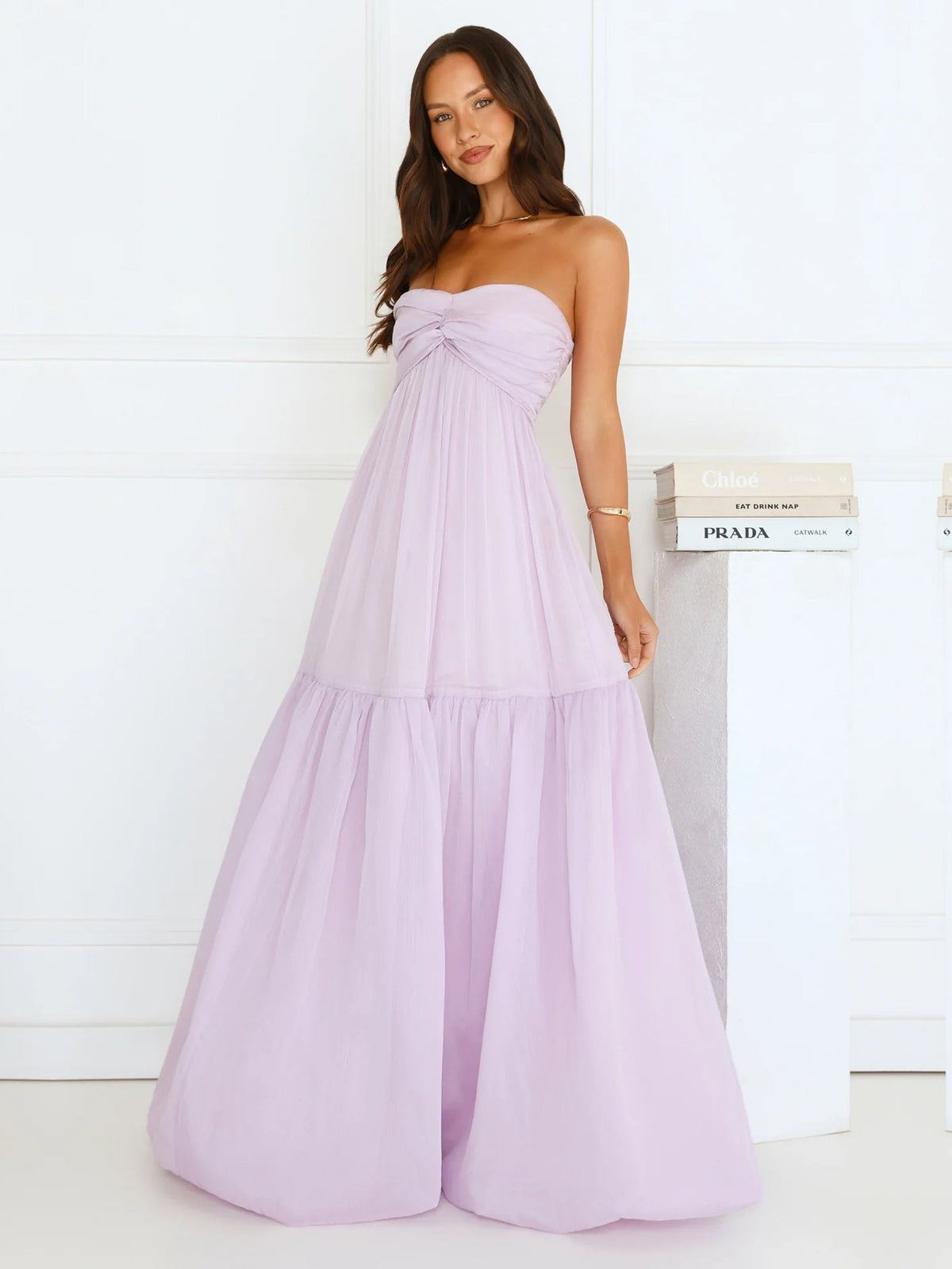 Lilac a-line maxi formal dress with strapless neckline, full-length front view