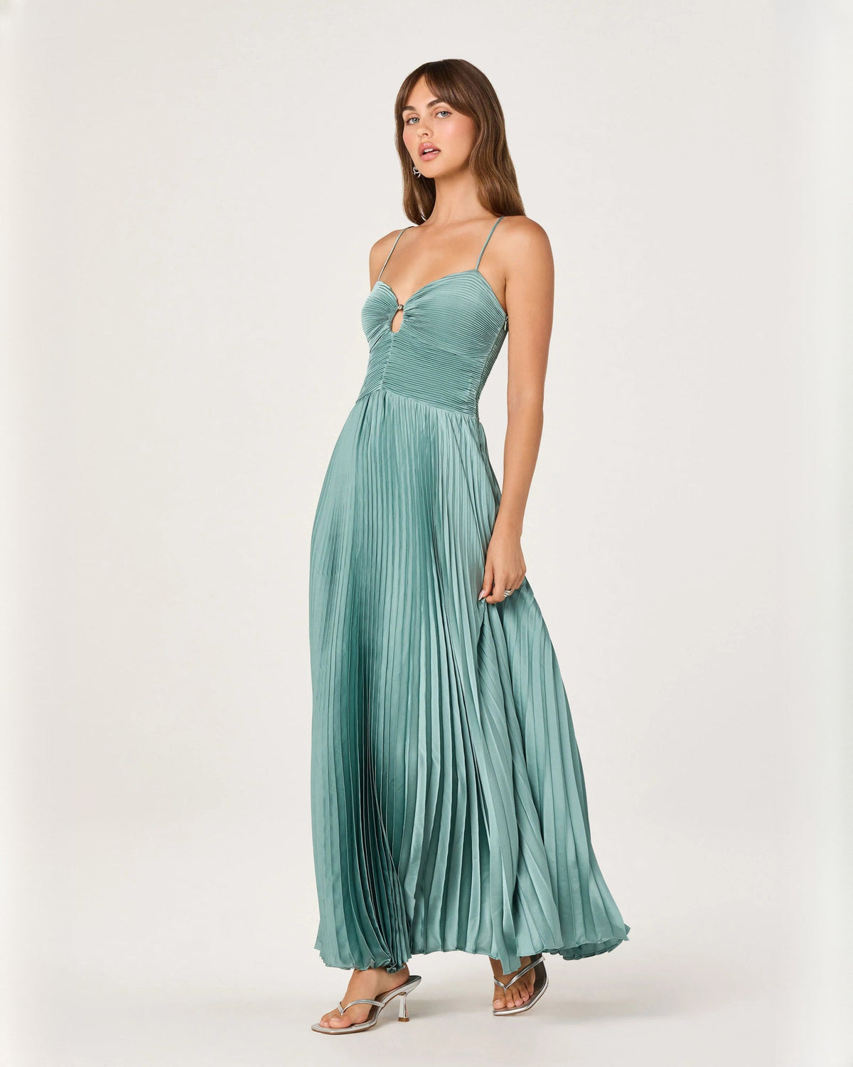 Seafoam green chiffon A-line maxi dress with sweetheart bodice and thin straps