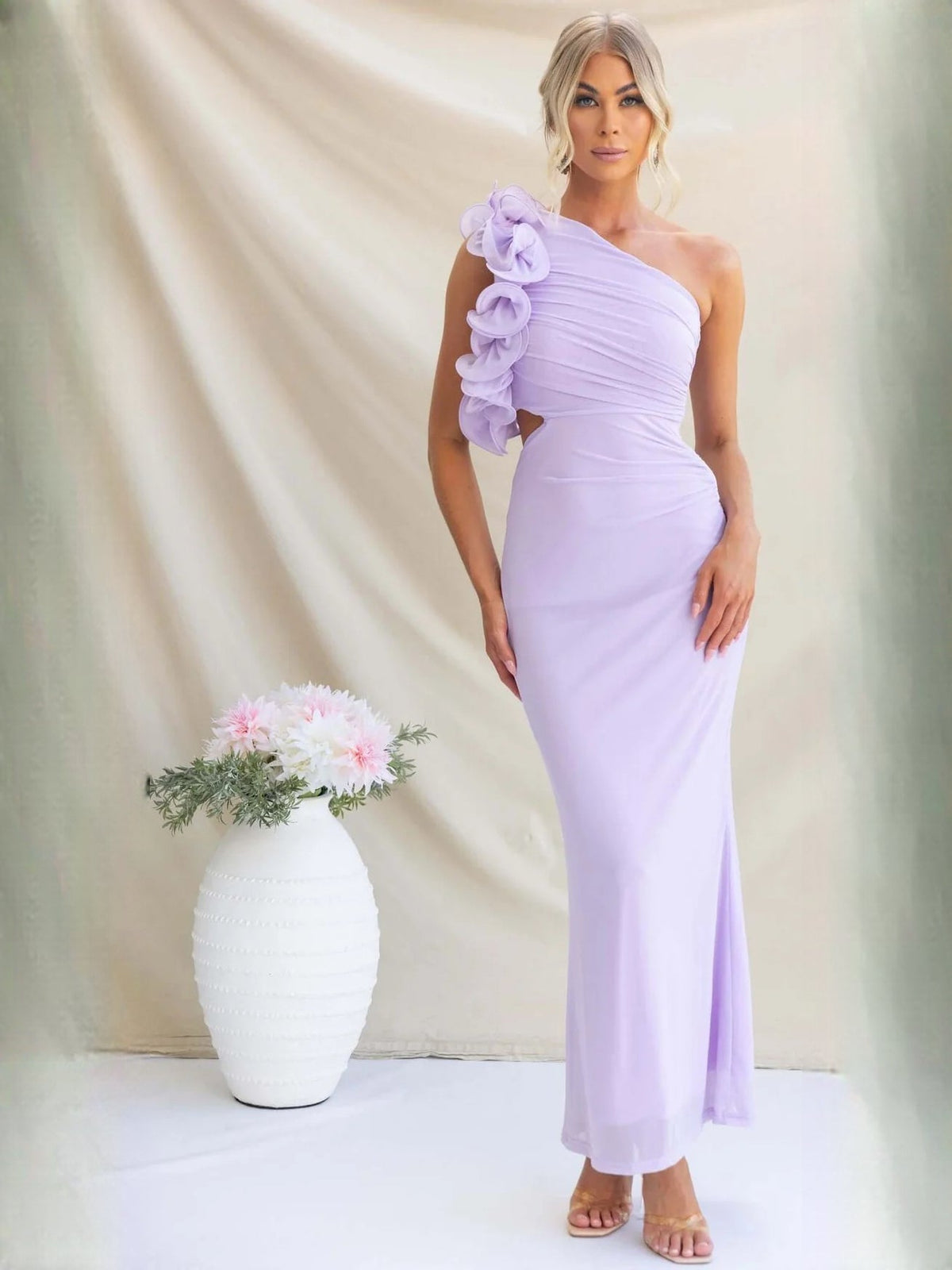 Purple sheath maxi formal dress with one-shoulder neckline, full-length front view