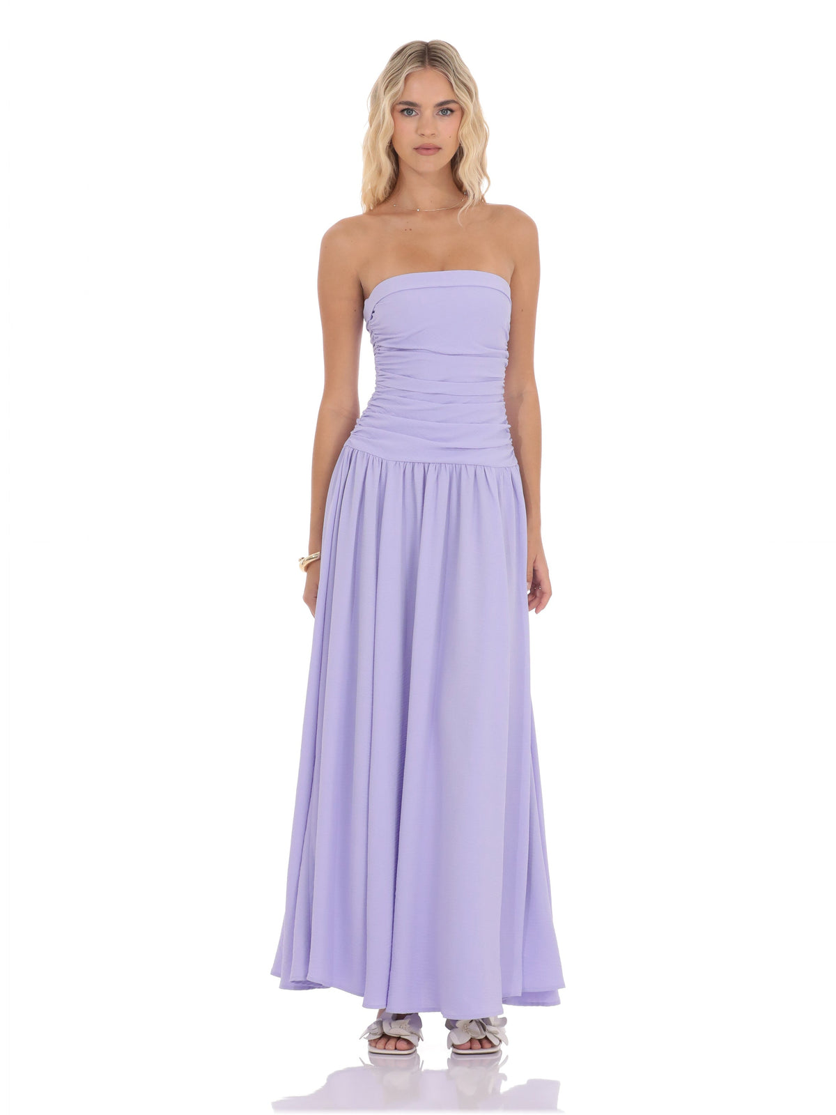 Lavender bridesmaid dress with drop-waist silhouette and maxi length