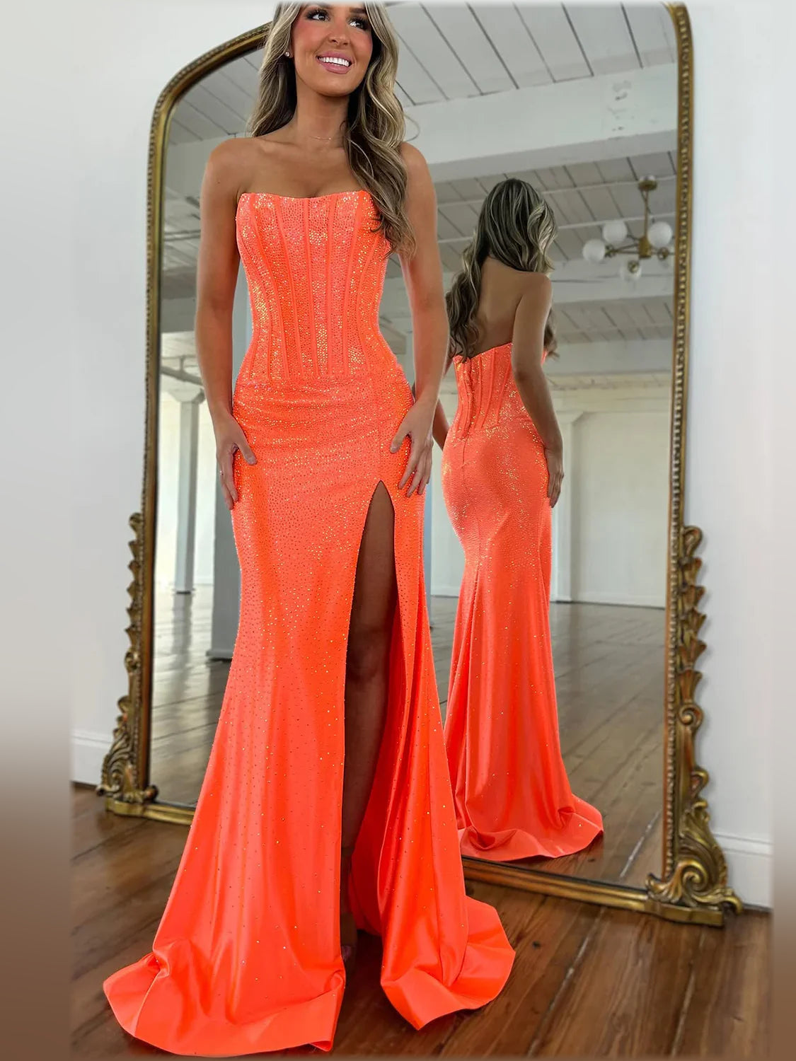 Orange strapless corset-style mermaid formal dress with front slit, floor-length