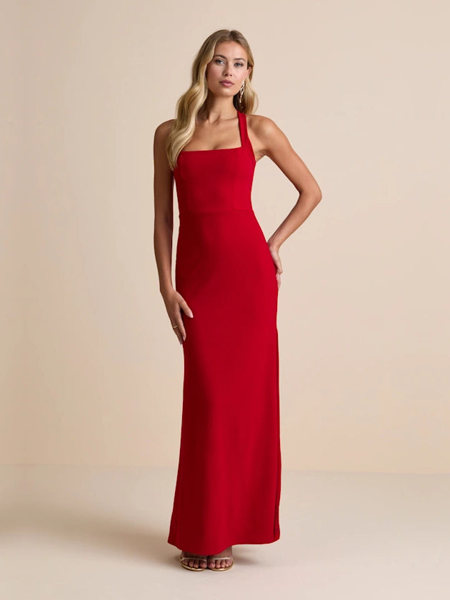 Red column maxi formal dress with halter neckline, full-length front view
