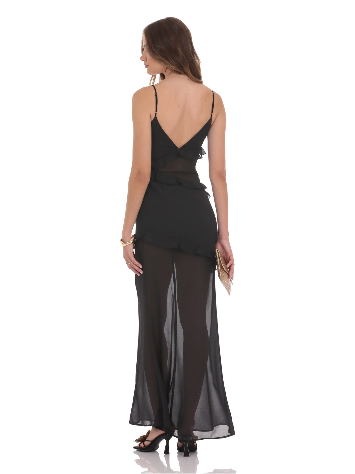 Black bridesmaid dress with a-line silhouette and maxi length
