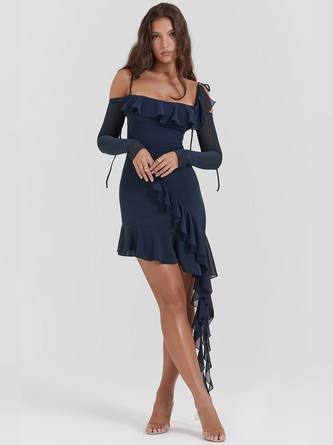 Navy off-shoulder mini homecoming dress with layered ruffle skirt and sheer long sleeves
