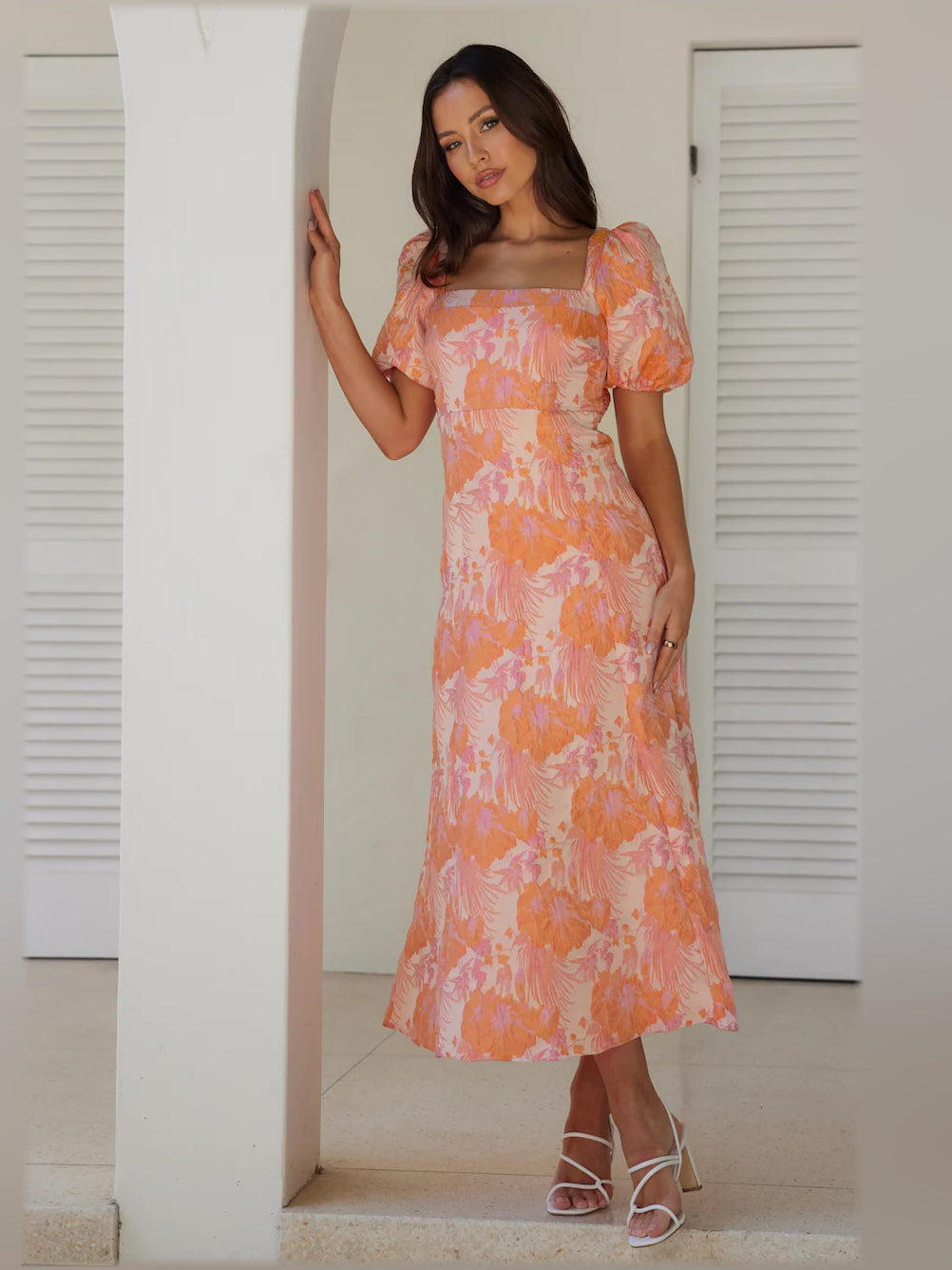 Pink midi formal dress with coral abstract floral print, square neck, puff sleeves