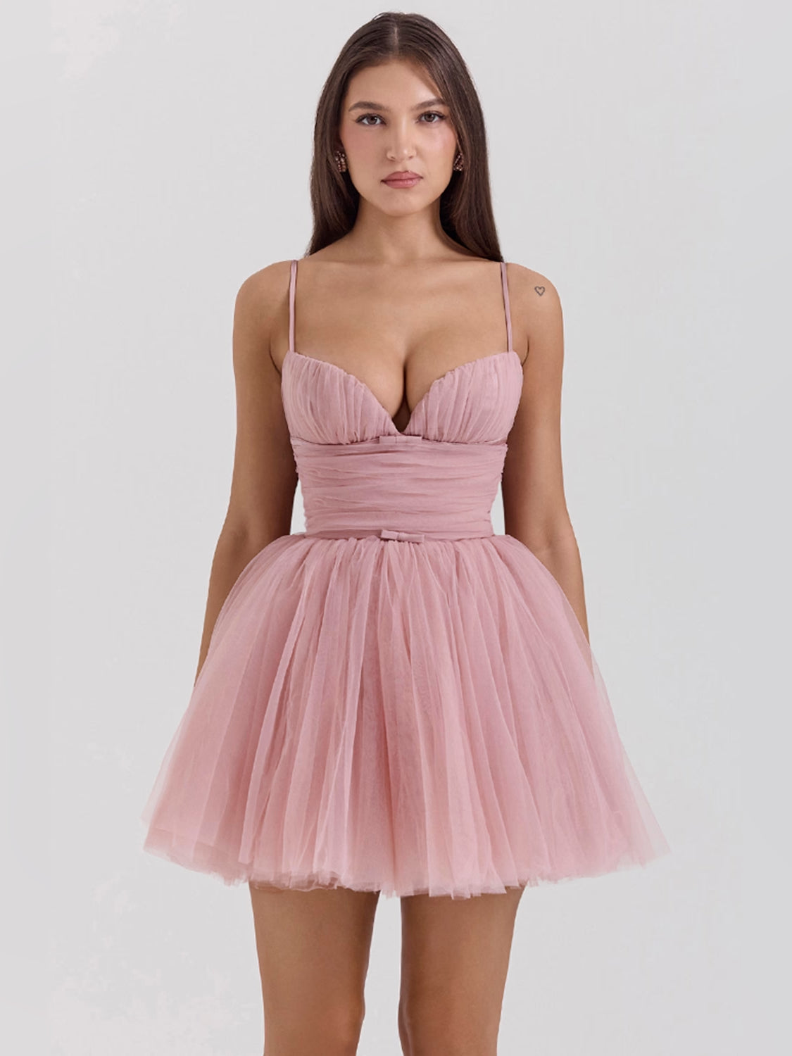 Mini tulle homecoming dress, blush pink, sweetheart neckline, spaghetti straps, tiered skirt