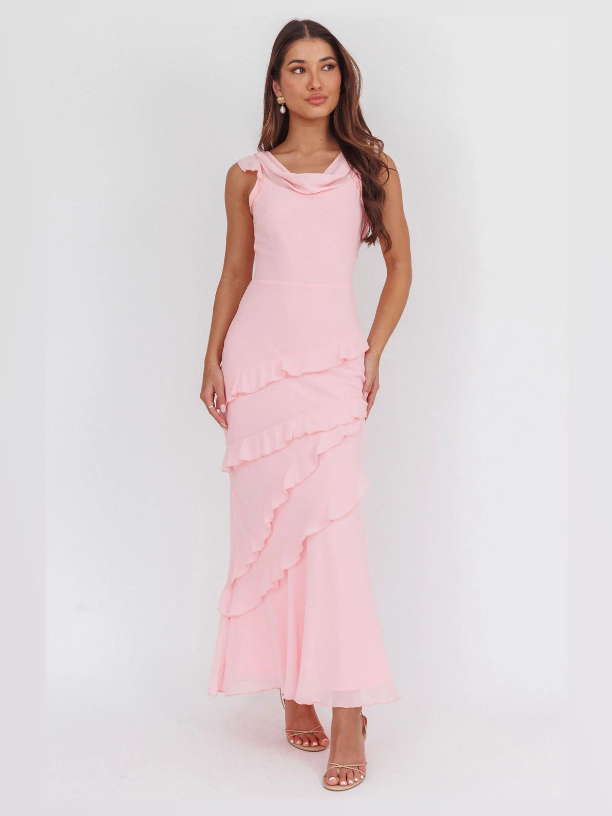 Pink formal dress with a-line silhouette and maxi length