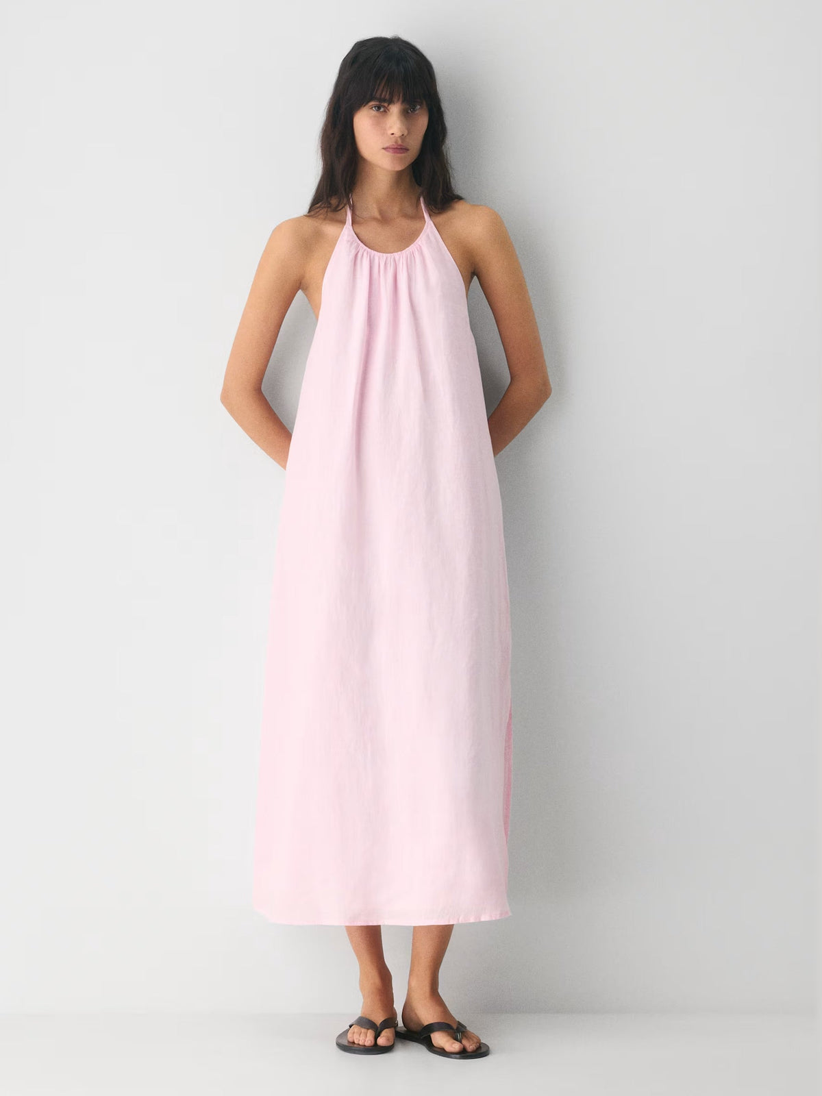 Light Pink midi formal dress, front full-length view showing the neckline