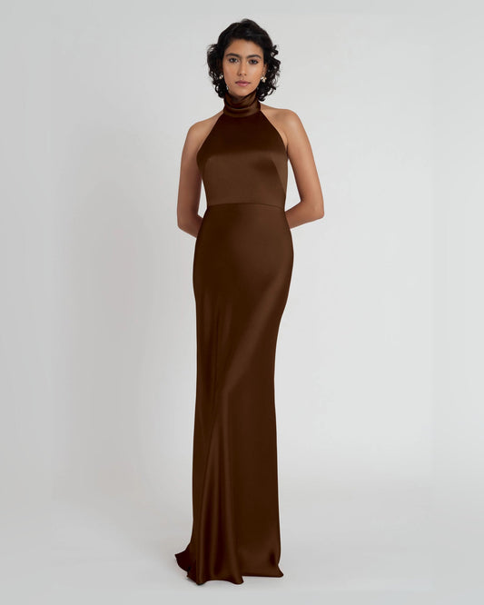 A-line maxi formal dress in dark chocolate brown, sleeveless halter neckline