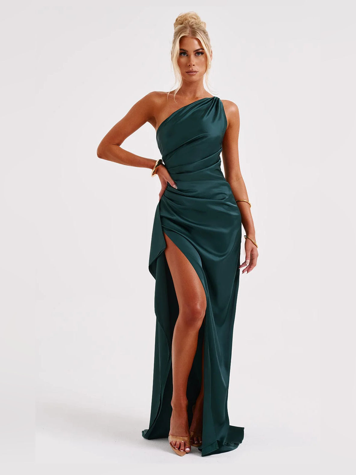 Emerald sheath maxi formal dress with one-shoulder neckline, full-length front view