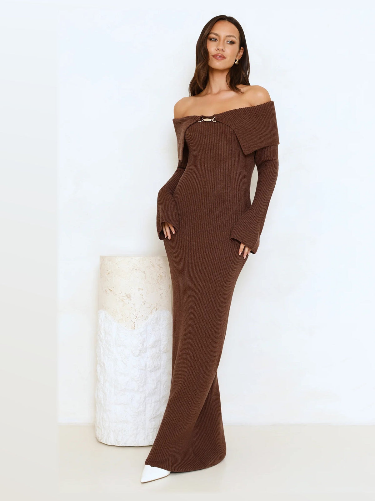 Brown formal dress with a-line silhouette and maxi length